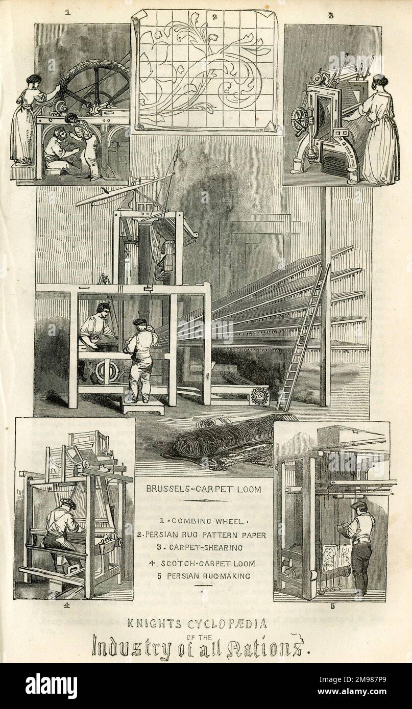 Knight's Cyclopaedia of the Industry of all Nations, detailing the contents of the Great Exhibition in London. Showing a Brussels carpet loom, with combing wheel, Persian rug pattern paper, carpet shearing, Scotch carpet loom, and Persian rug making. Stock Photo