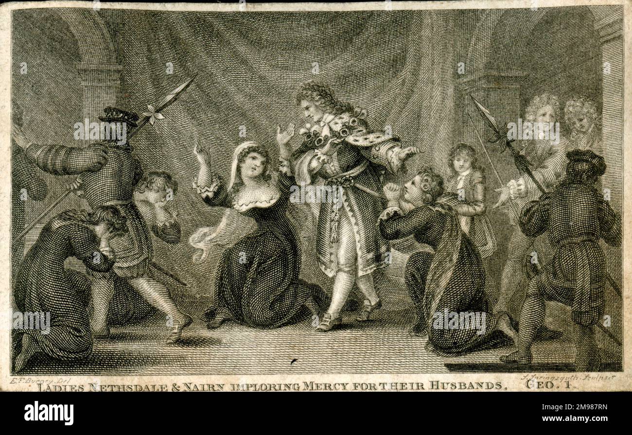 The Countess of Nithsdale and Lady Nairn imploring mercy from King George I on behalf of their husbands, who had been impeached for their involvement in the Jacobite Rebellion, and were under threat of execution. Stock Photo