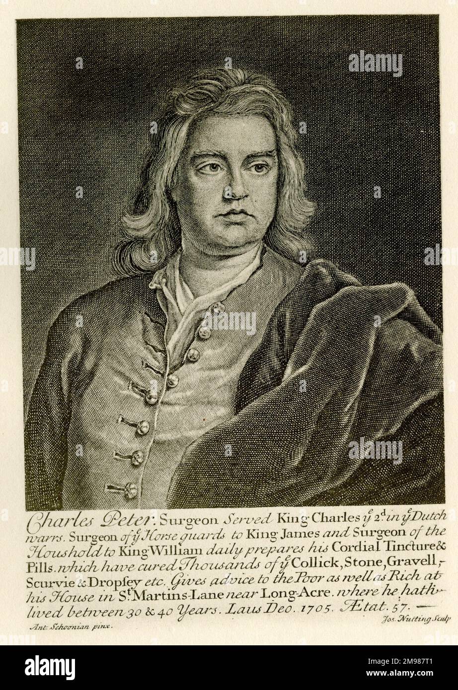 London Trade Card - Charles Peter (c.1648-17??), Surgeon to King Charles II in the Dutch Wars, Surgeon of the Horseguards to King James II and Surgeon of the Household to King William. Based at his house in St Martin's Lane near Long Acre. Seen here at the age of 57. Stock Photo