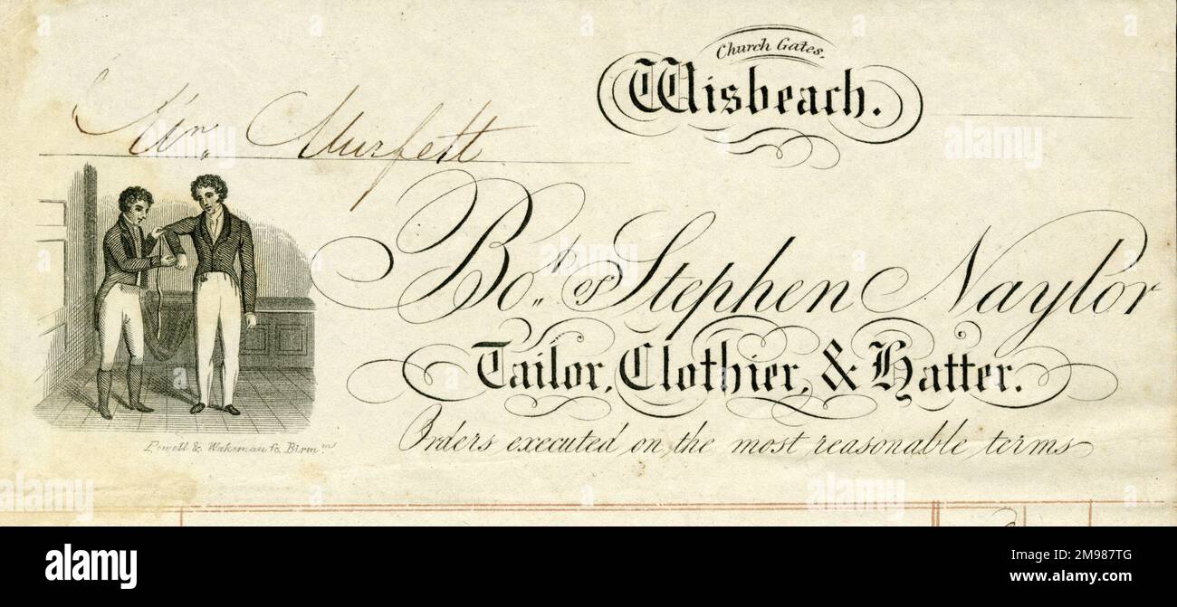 Letterhead design - Stephen Naylor, Tailor, Clothier and Hatter, Church Gates, Wisbech, Cambridgeshire. Stock Photo