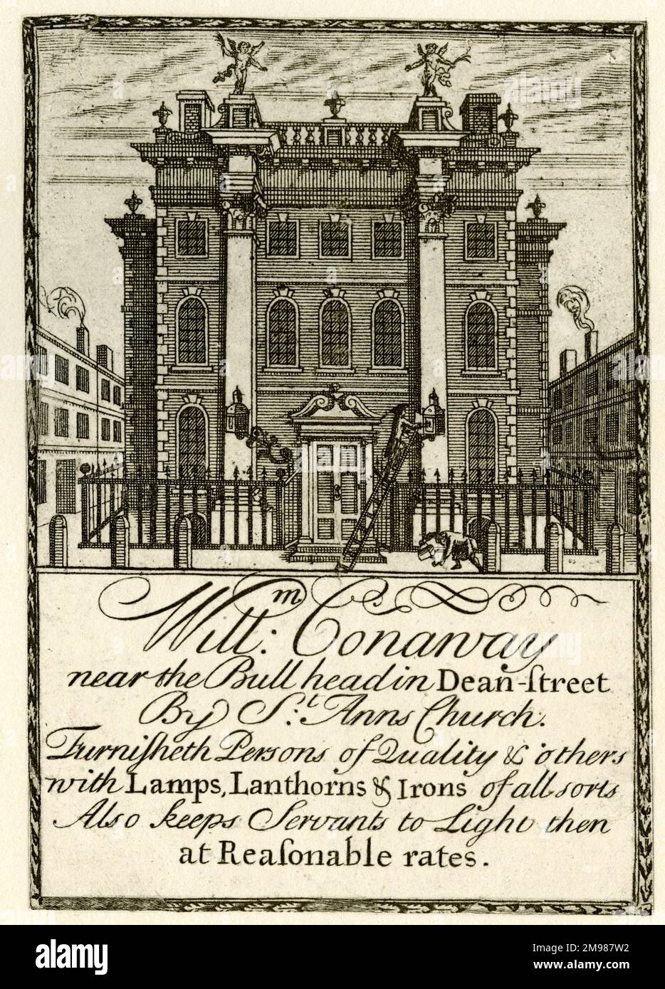 London Trade Card - William Conaway, near the Bull Head in Dean Street, by St Ann's Church, selling lamps, lanterns and irons, and servants to light them. Stock Photo