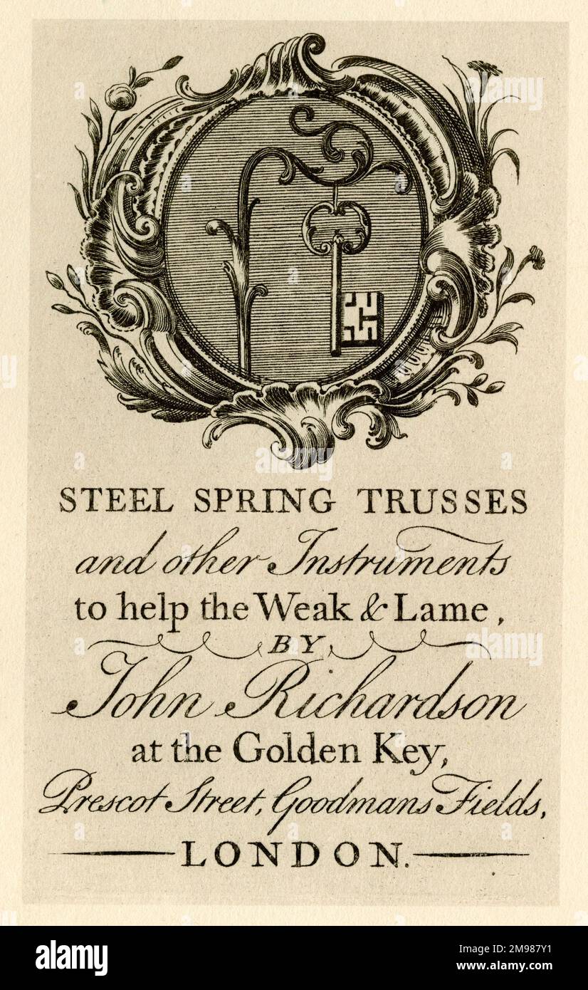 London Trade Card - John Richardson, at the Golden Key, Prescot Street ...