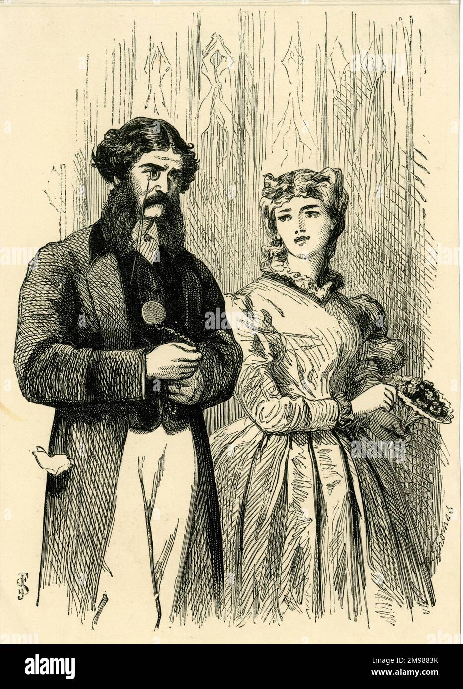 Lord Dundreary proposing - a scene from the play by Tom Taylor, Our American Cousin, first performed in 1858.  The role of this brainless English aristocrat was created on stage by Edward Askew Sothern, on whom this illustration is probably modelled. Stock Photo