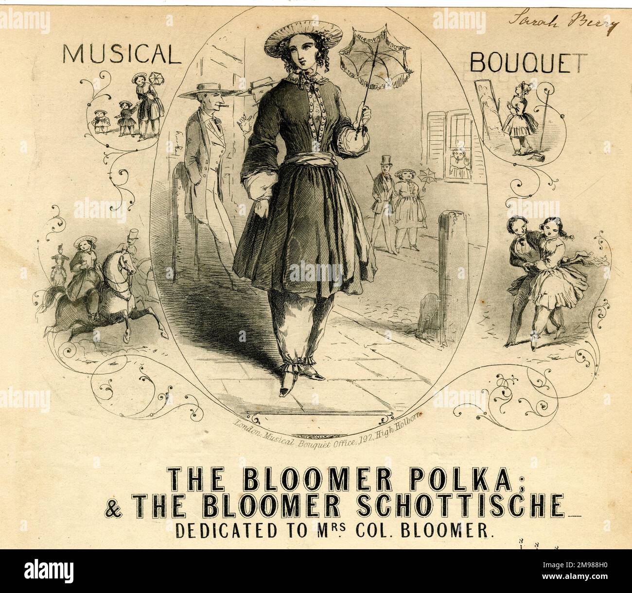 Music cover, The Bloomer Polka & Bloomer Schottische, dedicated to Mrs Colonel Bloomer Stock Photo