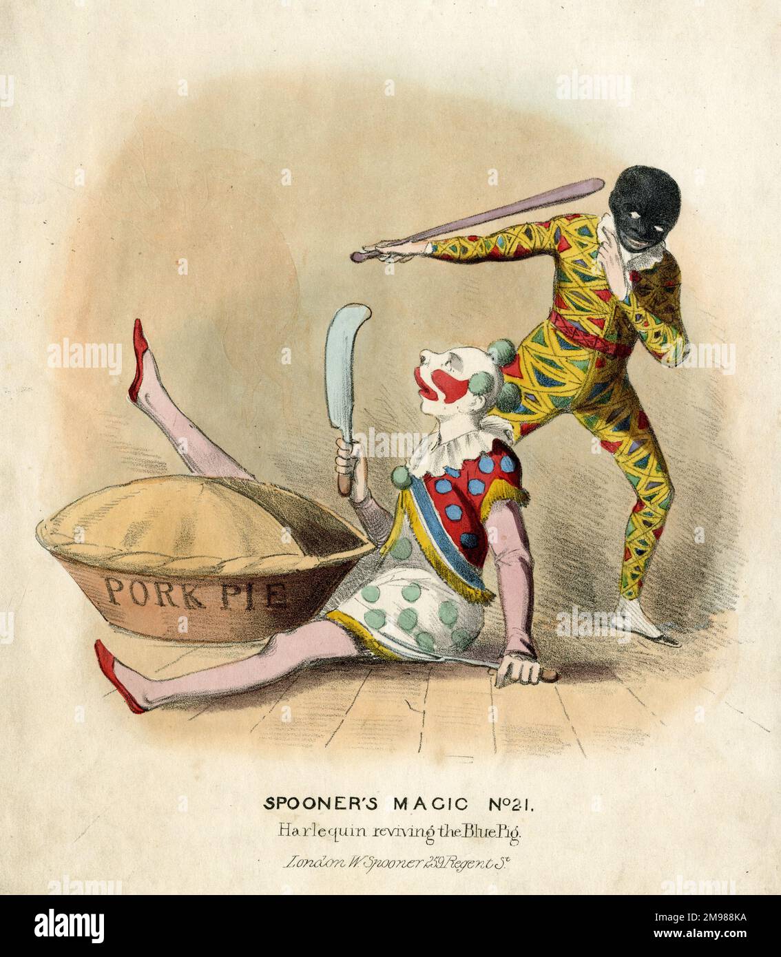 Spooner's Magic No. 21 - Harlequin reviving the Blue Pig Stock Photo