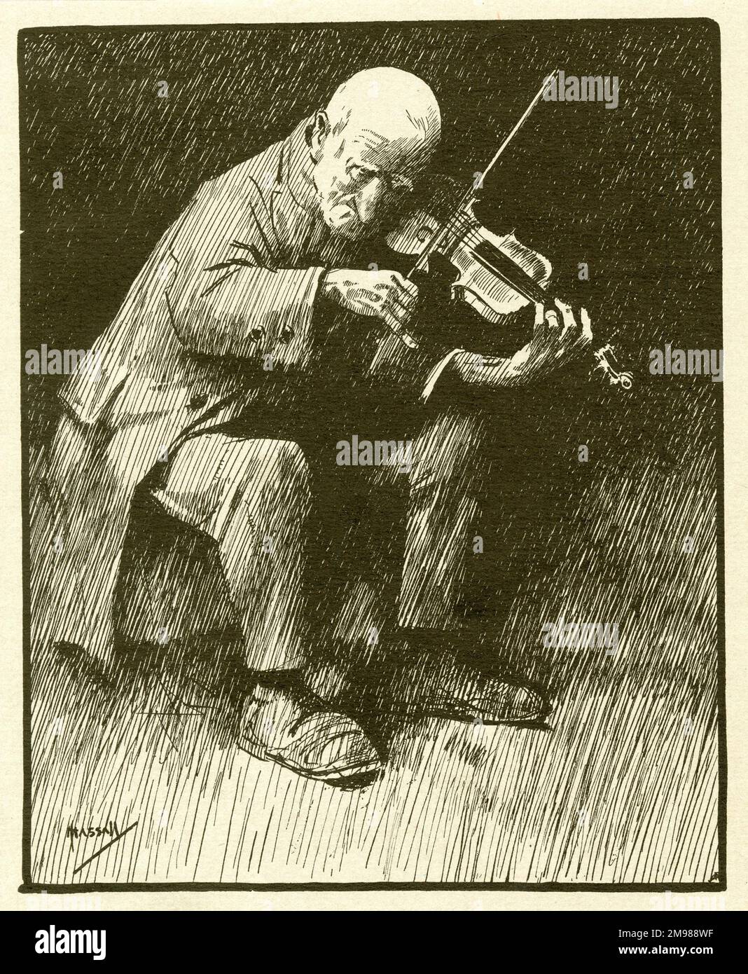 The Old Fiddler -- old man playing a violin. Stock Photo