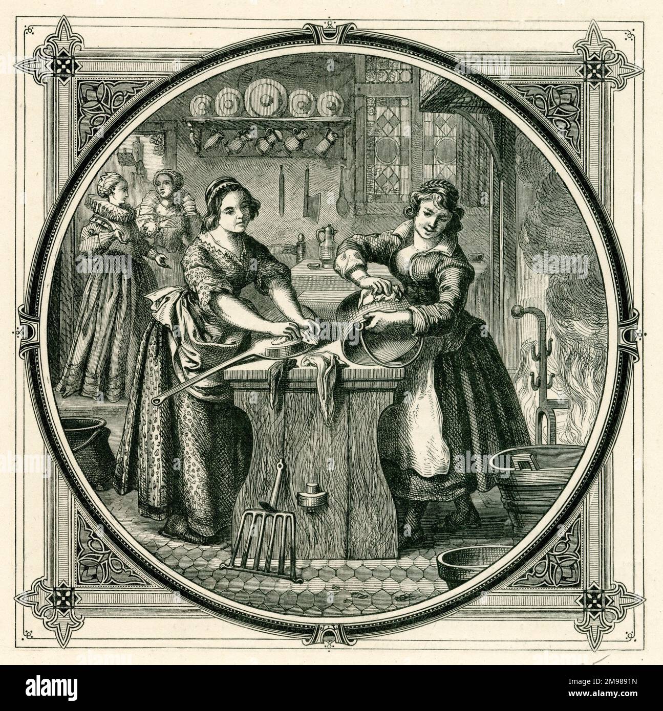 Elizabethan servants polishing saucepans. 'When slovenly servants get tidy, they polish the bottoms of the saucepans' - Moral Emblems - 1863. Stock Photo