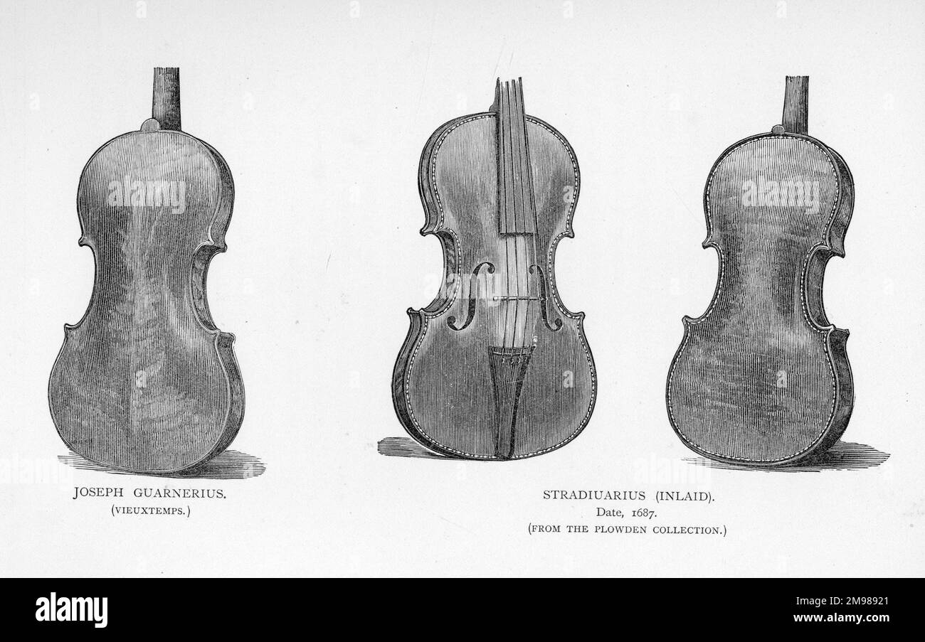 Two violins - Joseph Guarnerius (Vieuxtemps), and both sides of an inlaid Stradivarius of 1687 (from the Plowden Collection). Stock Photo