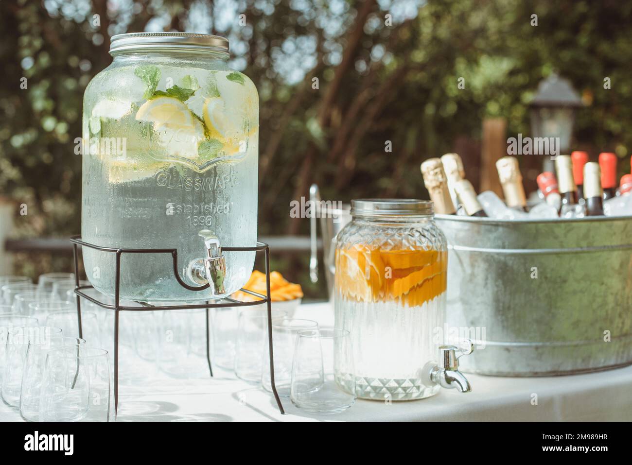 Ice bucket filled with bottles of wine and champagne next to glasses and two water dispensers filled with oranges and lemon on a garden table Stock Photo