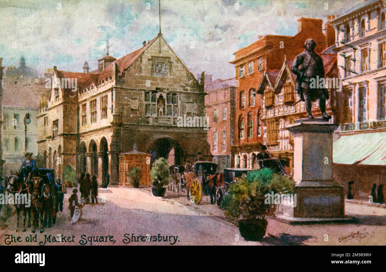 Old Market Square, Shrewsbury, Shropshire, with a statue of Robert Clive of India (right), who was an MP and mayor of the town. Stock Photo
