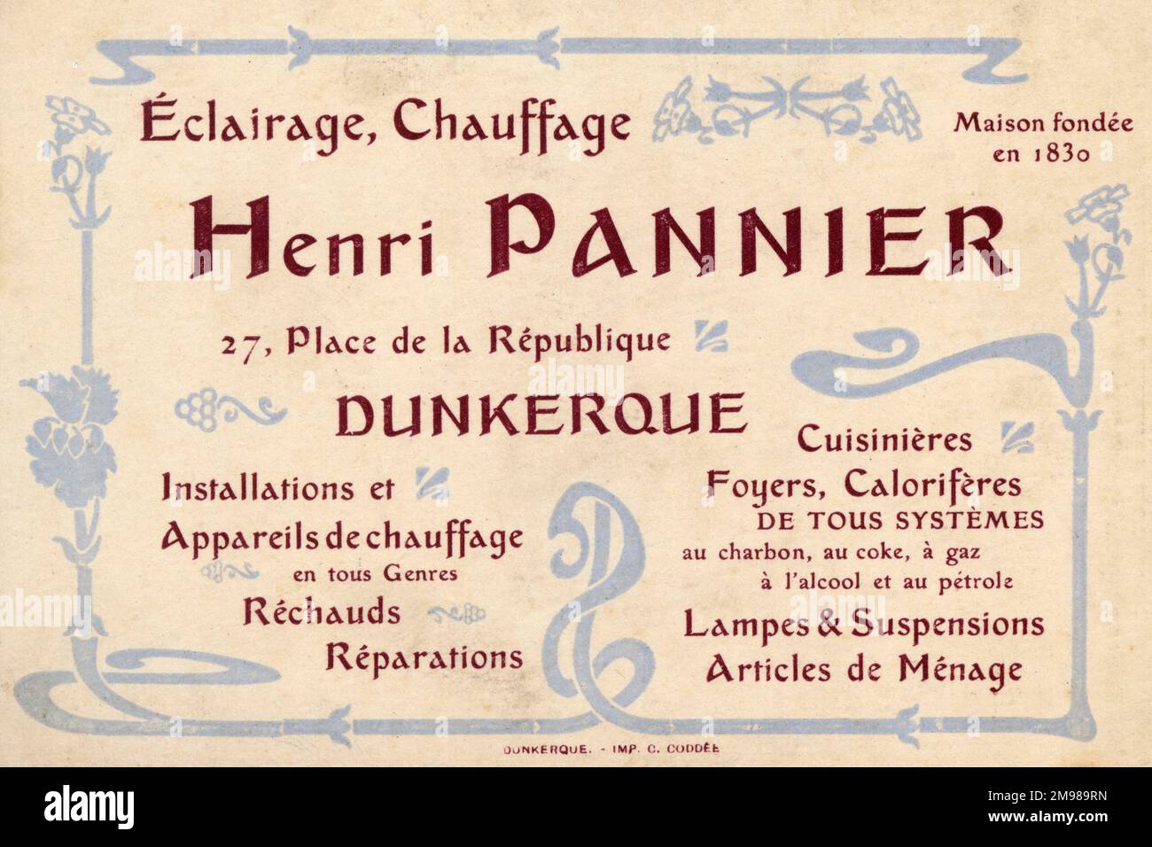 Advertising trade card, Henri Pannier, Place de la Republique, Dunkirk ...