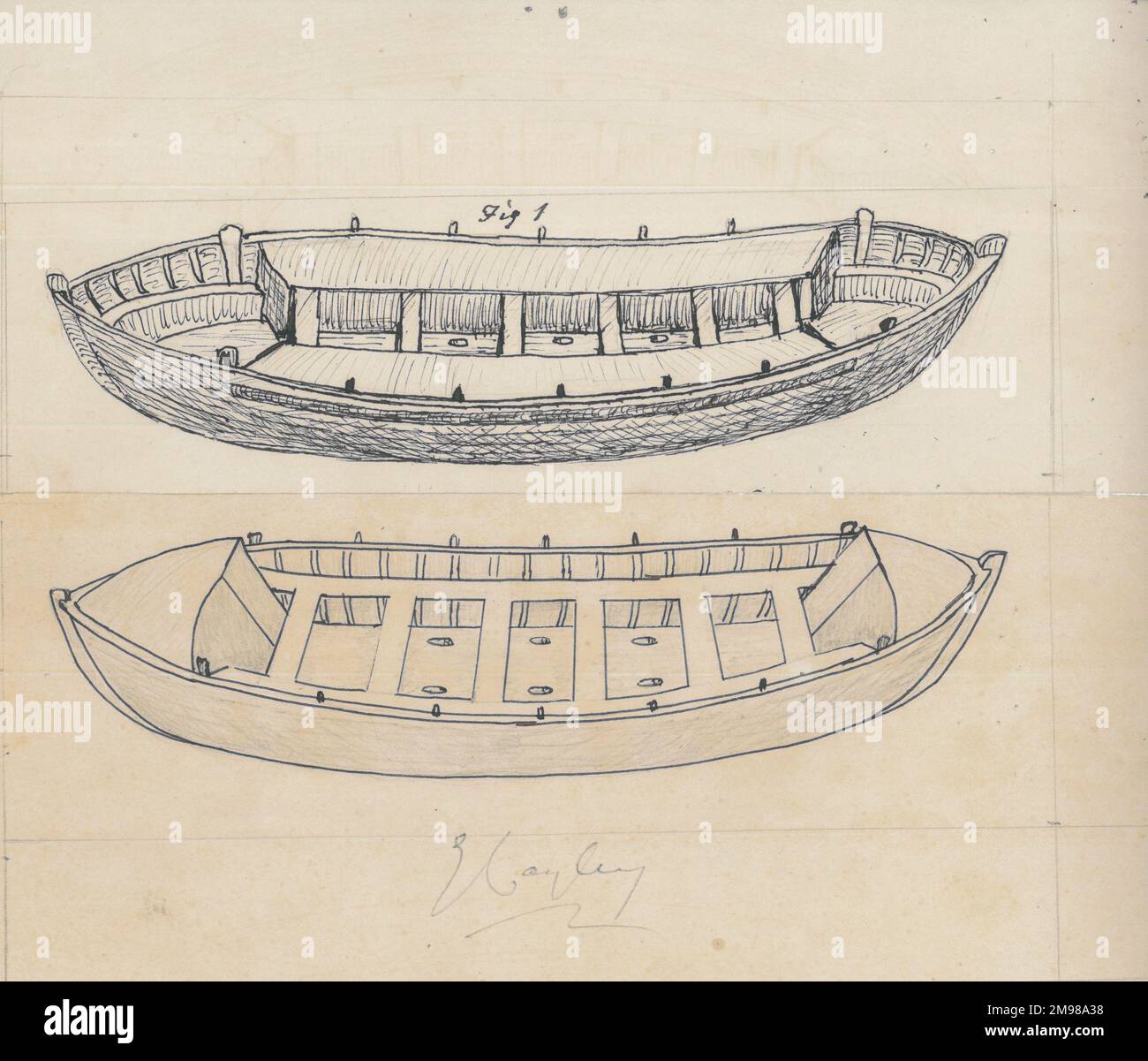 Drawing and design of a self-righting lifeboat by Sir George Cayley. Stock Photo