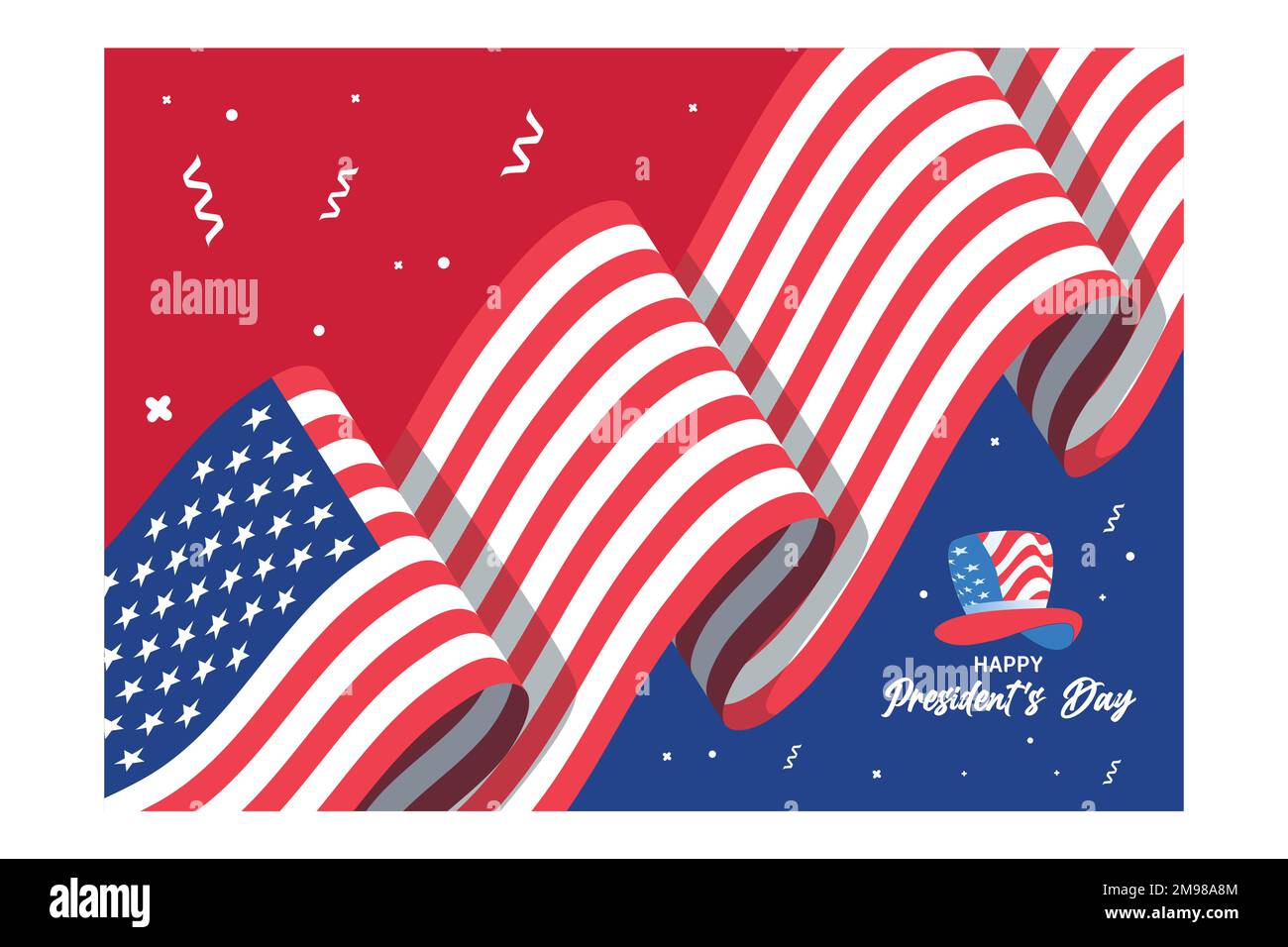 Happy President's Day Font With Uncle Sam Hat, American Wavy Ribbon On Red And Blue Background, flat vector modern illustration Stock Vector