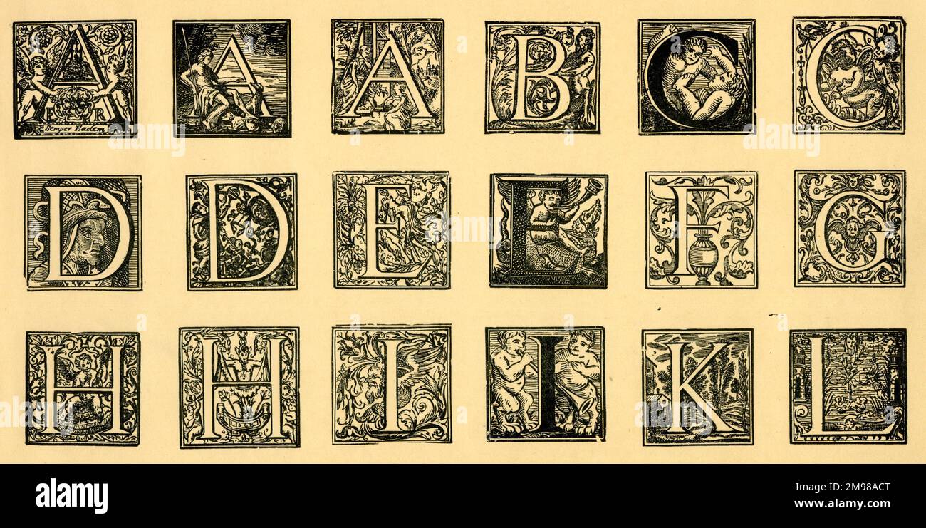 Medieval alphabet, ornate initials A-L. Stock Photo