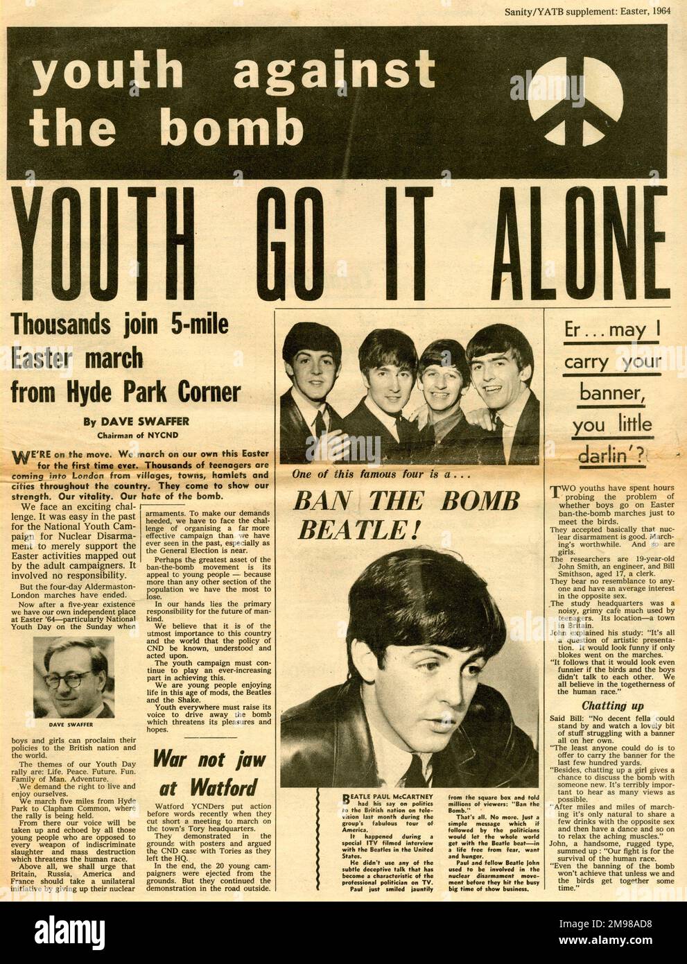 Front page, Youth Against the Bomb, CND newspaper, with an article about support from Paul McCartney of The Beatles pop group, Easter 1964. Stock Photo