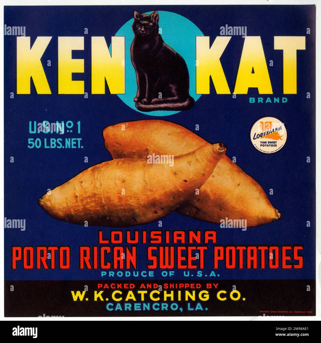 Label design, Ken Kat Louisiana Porto Rican Sweet Potatoes. Stock Photo
