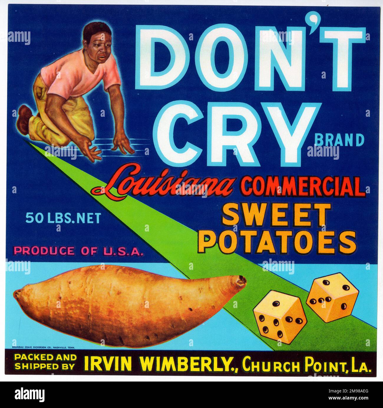 Label design, Don't Cry Louisiana Commercial Sweet Potatoes. Stock Photo
