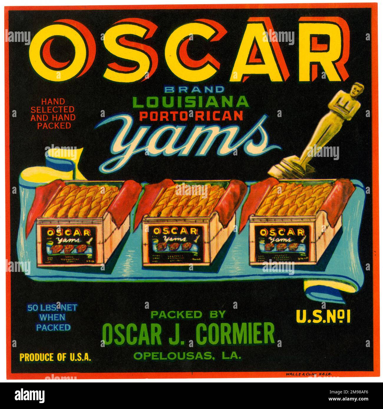 Label design, Oscar Louisiana Porto Rican Yams. Date circa early 20th