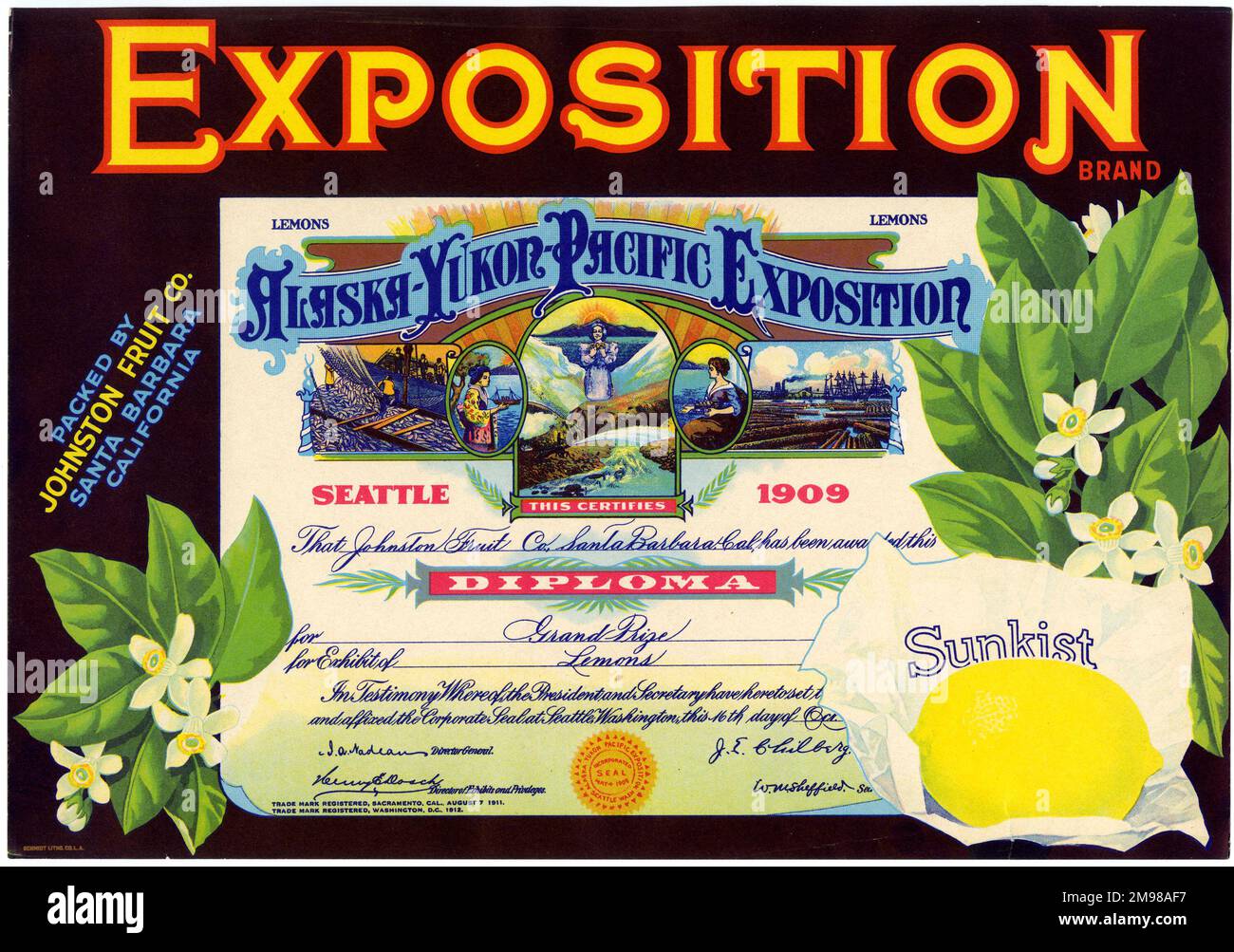 Label design,  Alaska Yukon Pacific Exposition Sunkist Lemons, with a grand prize from Seattle, 1909. Stock Photo