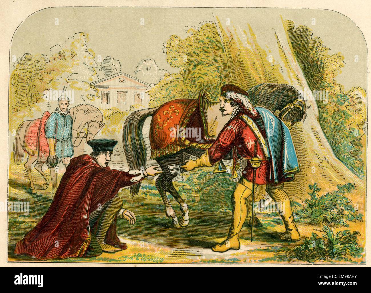 Cardinal Wolsey and the King's Messenger -- Wolsey has lost favour with Henry VIII, and his downfall begins. Stock Photo