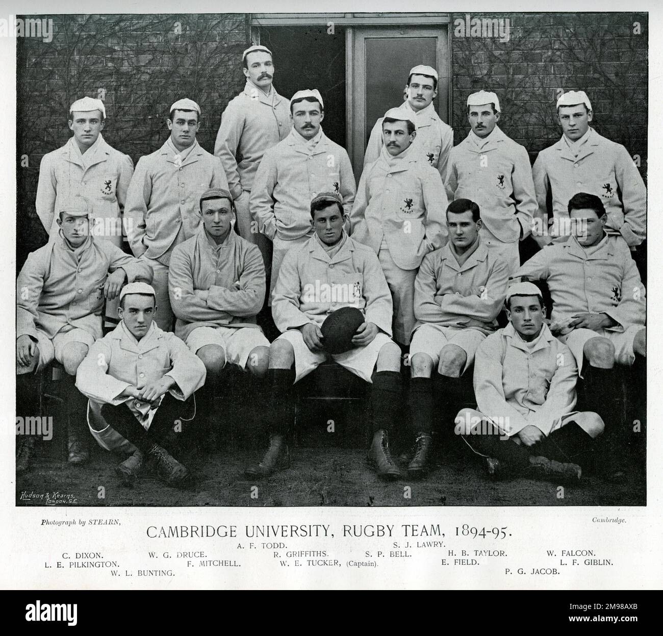 Cambridge University Rugby Team, 1894-95: Todd, Lawry, Dixon, Druce, Griffiths, Bell, Taylor, Falcon, Pilkington, Mitchell, Tucker (Captain), Field, Giblin, Bunting, Jacob. Stock Photo