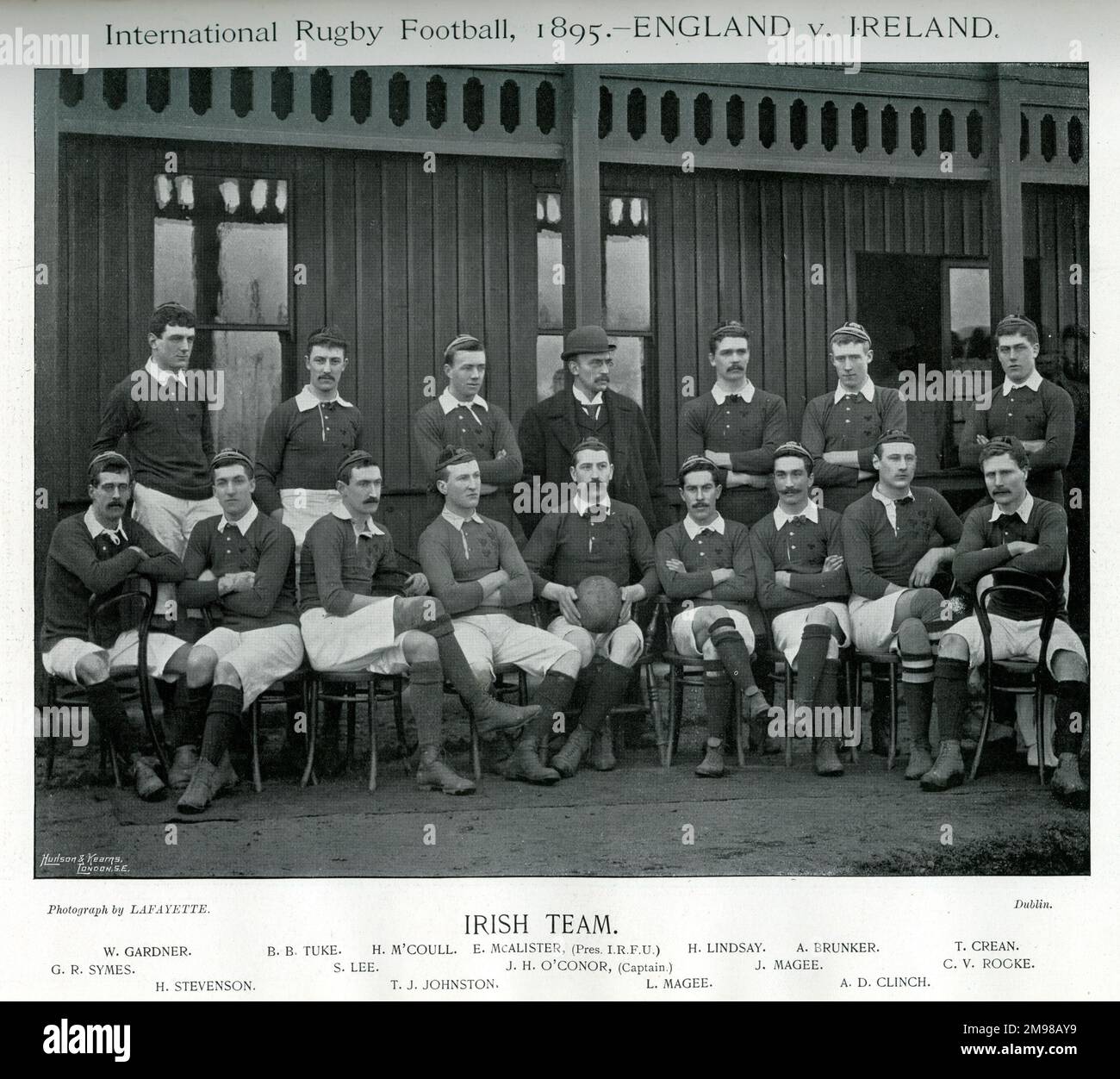 Irish International Rugby Team, 1895, at the time they played against England: Gardner, Tuke, M'Coull, McAlister (IRFU President), Lindsay, Brunker, Crean, Symes, Lee, O'Conor (Captain), Magee, Rooke, Stevenson, Johnston, Magee, Clinch. Stock Photo