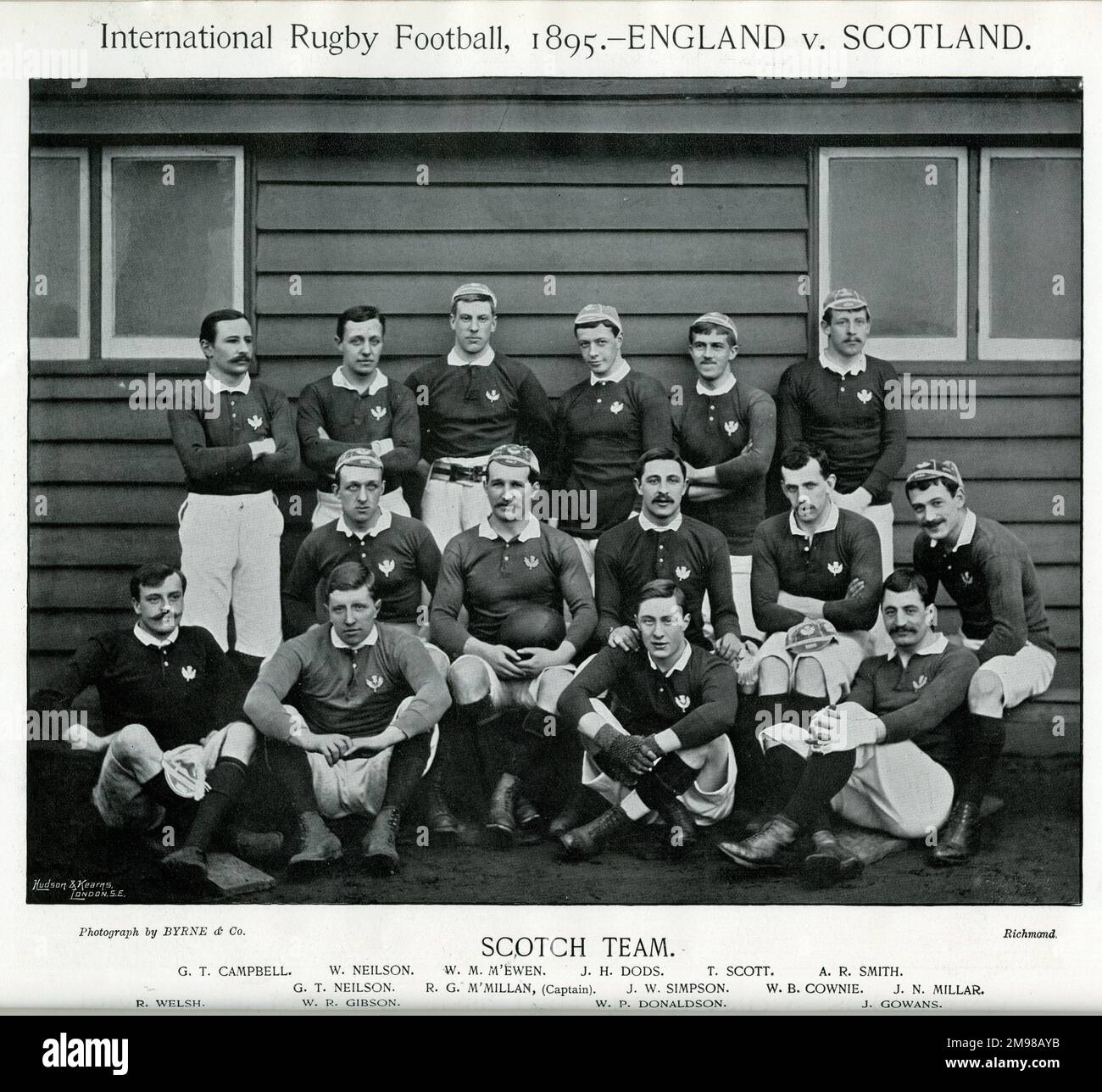 Scottish International Rugby Football Team, 1895, at the time they played against England: Campbell, Neilson, M'Ewen, Dods, Scott, Smith, Neilson, M'Millan (Captain), Simpson, Cownie, Millar, Welsh, Gibson, Donaldson, Gowans. Stock Photo