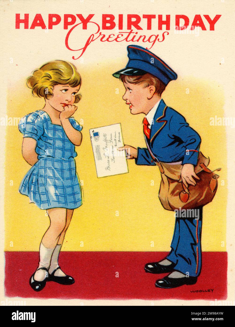 Birthday card, girl and postman. Stock Photo