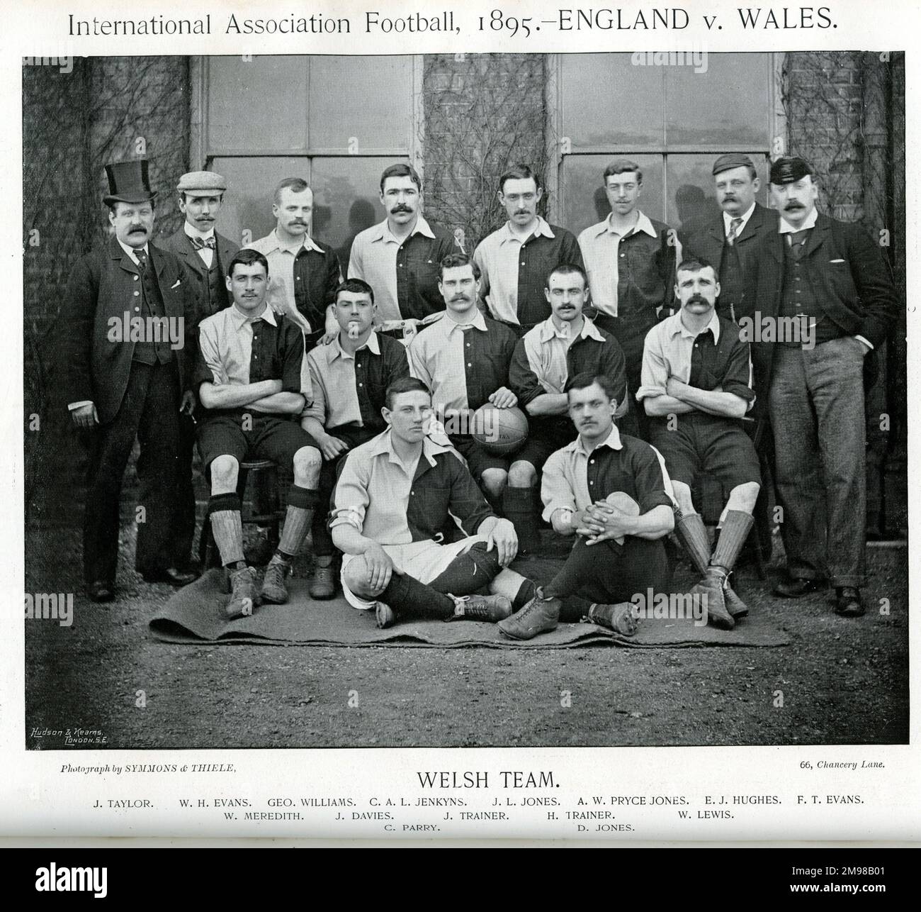 Welsh International Association Football Team, 1895, at the time they played against England: Taylor, Evans, Williams, Jenkyns, Jones, Pryce Jones, Hughes, Evans, Meredith, Davies, Trainer, Trainer, Lewis, Parry, Jones. Stock Photo