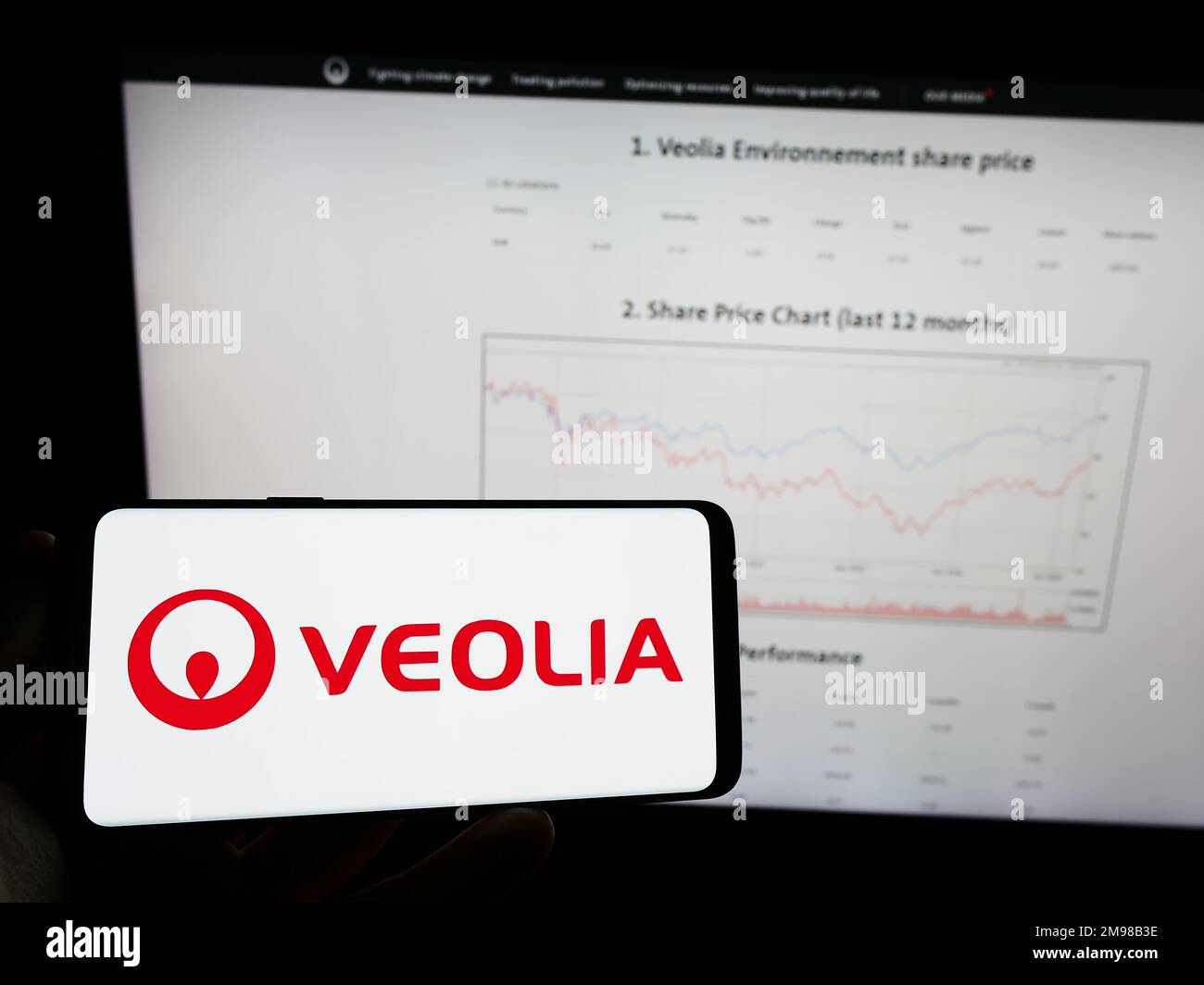 Person holding mobile phone with logo of French company Veolia Environnement S.A. on screen in front of business web page. Focus on phone display. Stock Photo