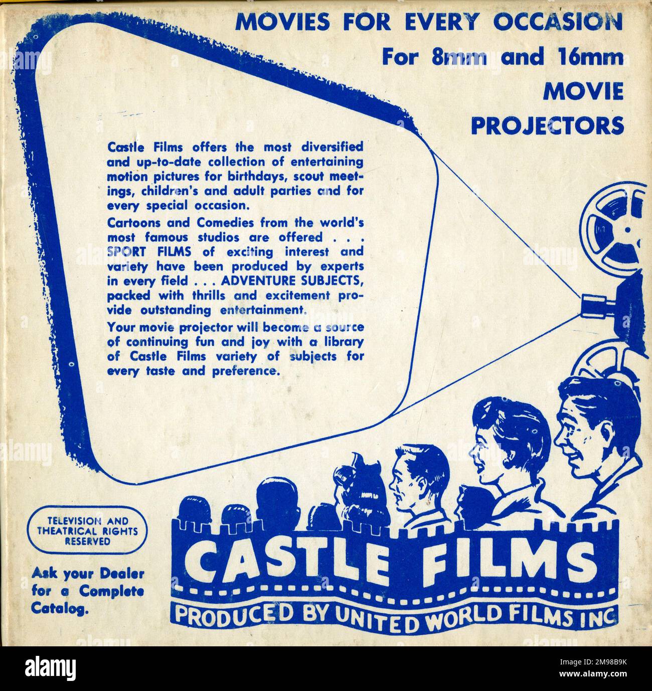 Advertisement for Castle Films, produced by United World Films Inc -- movies for every occasion, for 8mm and 16mm movie film projectors.  Castle Films (later Universal 8) was a home movie distributor based in California. Stock Photo