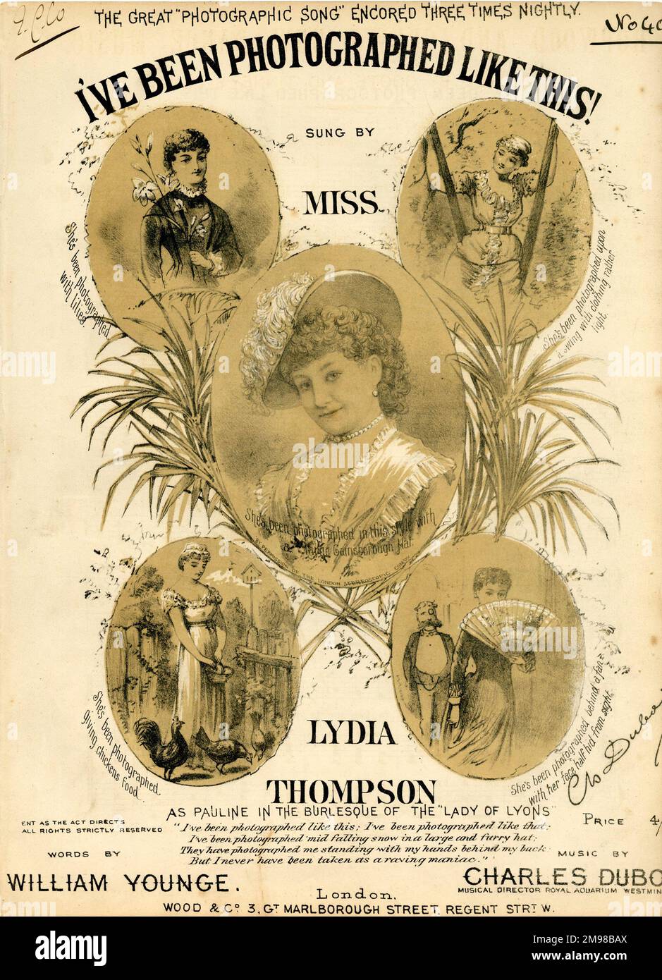 Music cover, I've Been Photographed Like This! Sung by Lydia Thompson as Pauline in the burlesque of the Lady of Lyons. Words by William Younge, music by Charles Dubois. The song was a satire on the craze for artistic photography in various poses. Stock Photo