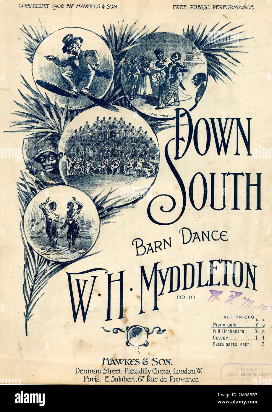 Music cover, Down South Barn Dance, by W H Myddleton - Big Boot Dance, Cake Walk, Minstrels, Sand Dancers. Stock Photo