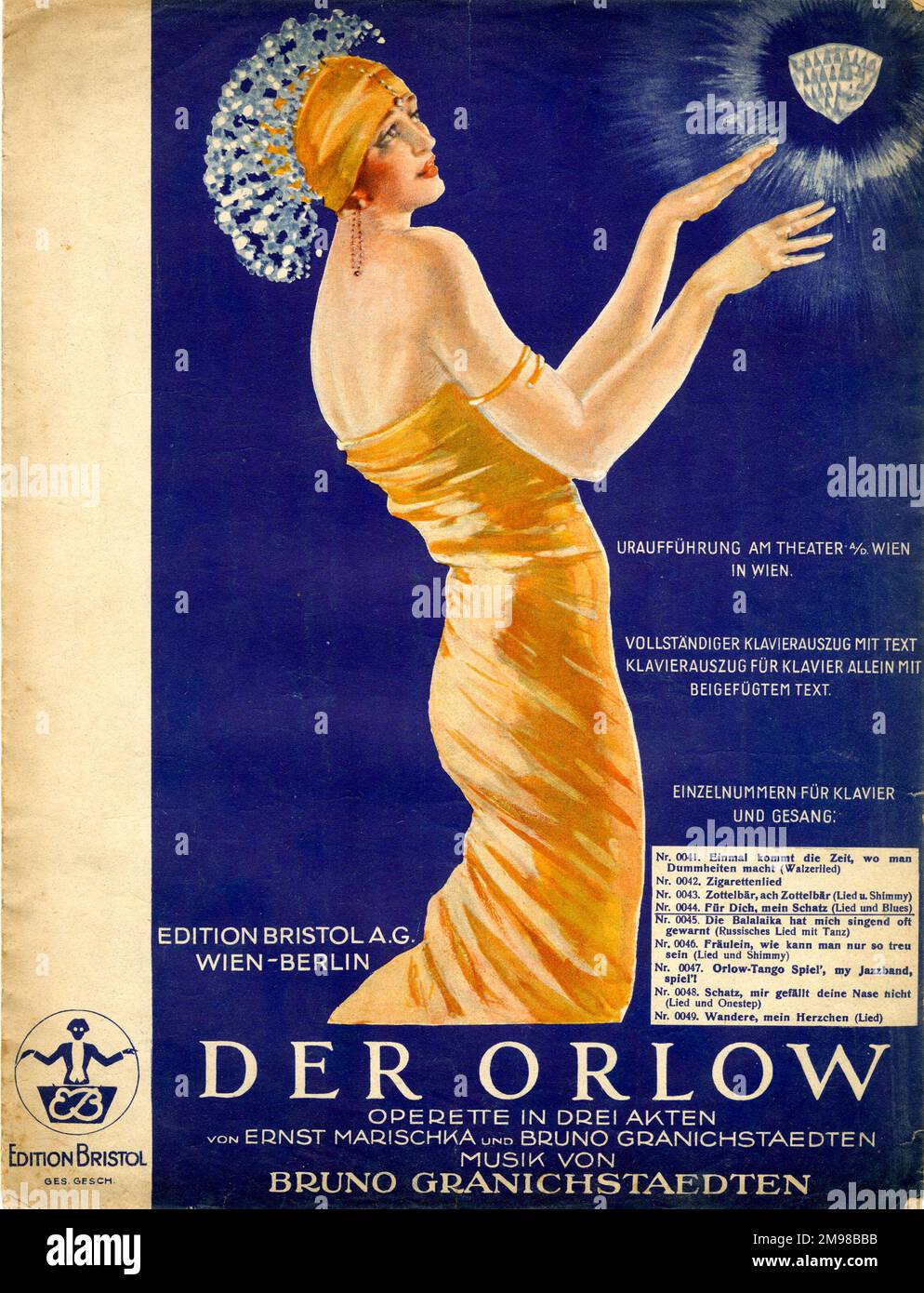 Music cover, Der Orlow, an operetta in three acts, with words by Ernst Marischka and Bruno Granichstaedten and music by Bruno Granichstaedten (1879-1944).  Premiere at the Theater am der Wien (Vienna, Austria).  Piano score with text.  It is a Viennese operetta with jazz and blues music included.  The title refers to a diamond. Stock Photo