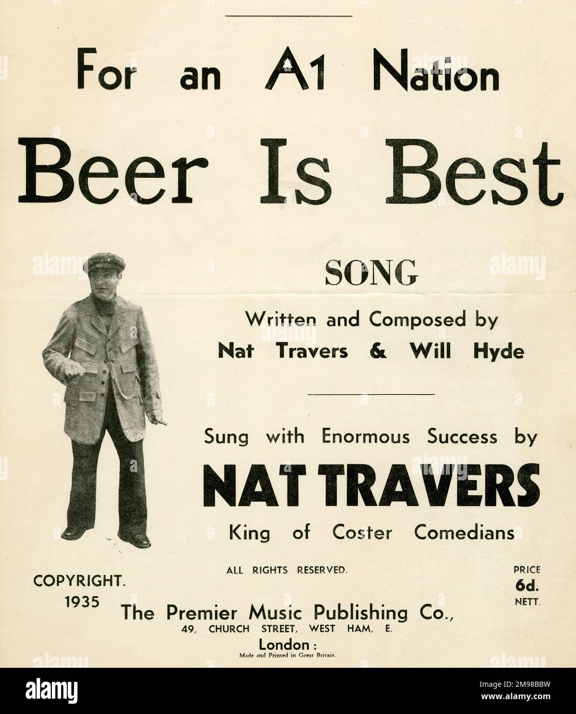 Music cover, For an A1 Nation Beer is Best, words and music by Nat Travers and Will Hyde, performed by Nat Travers, King of Coster Comedians. Stock Photo
