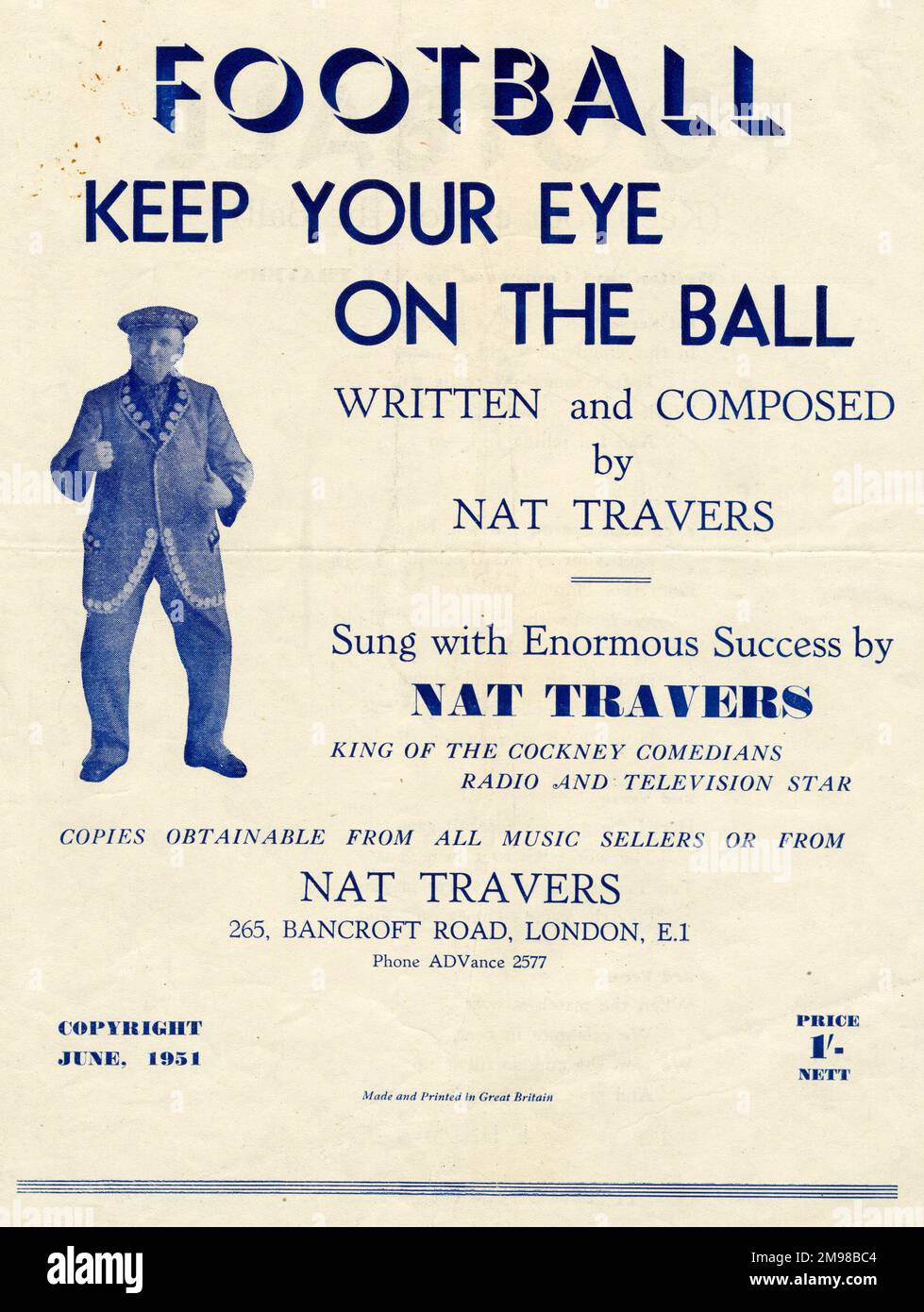 Music cover, Football, Keep Your Eye on the Ball, written, composed and performed by Nat Travers, King of the Cockney Comedians, radio and television star. Stock Photo