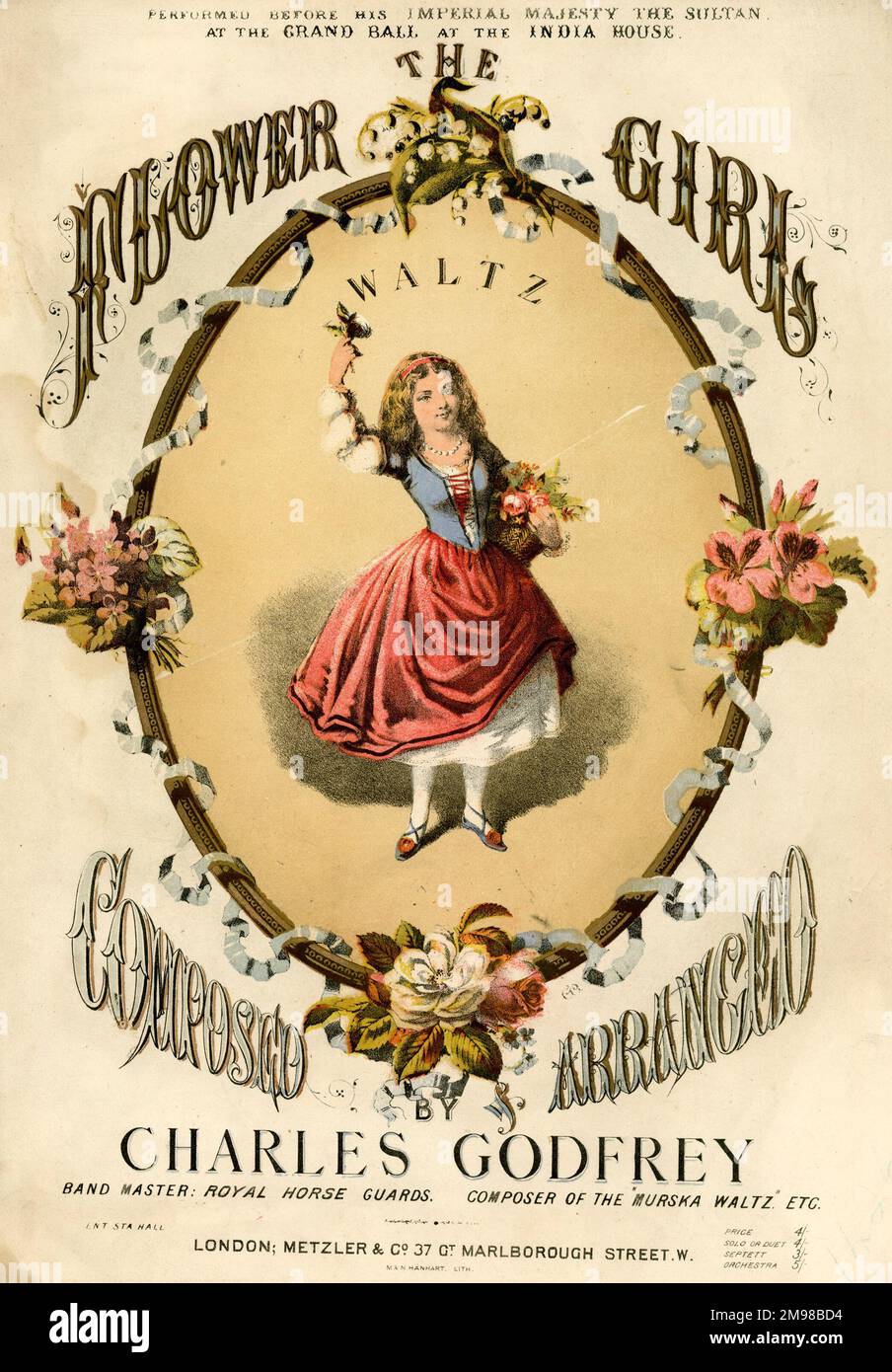 Music cover, The Flower Girl Waltz, composed and arranged by Charles Godfrey, Band Master, Royal Horse Guards. Stock Photo