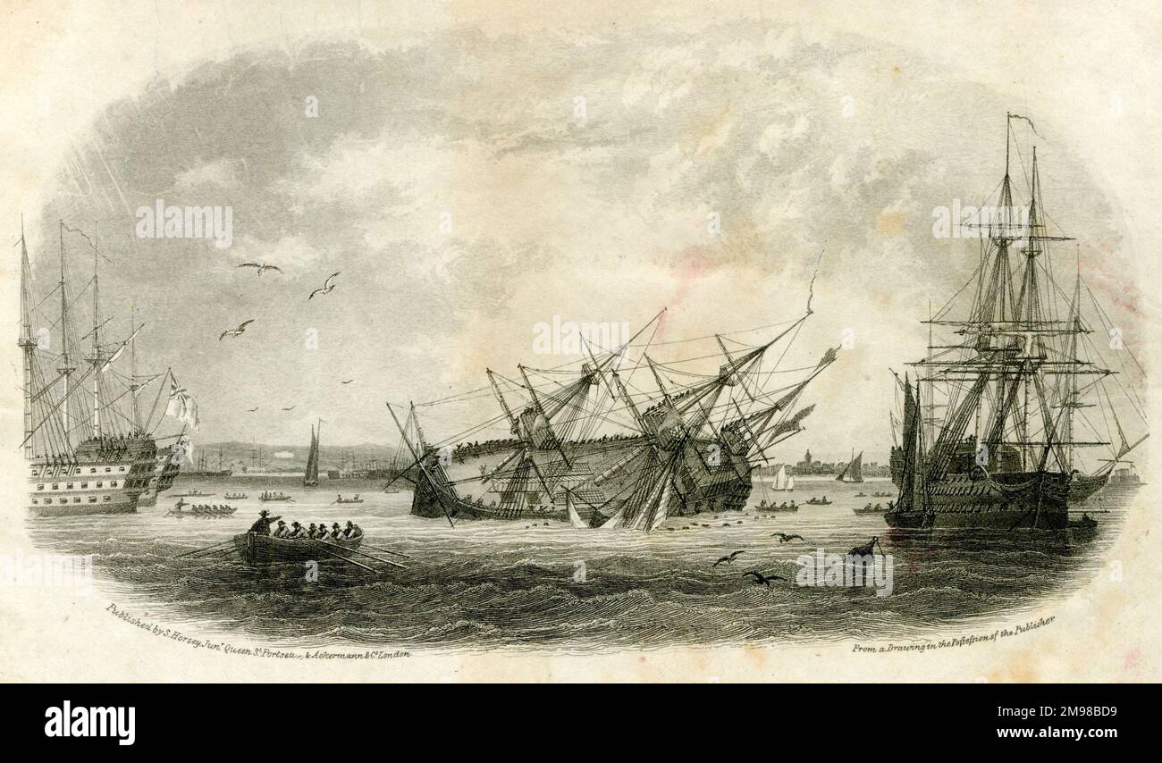 Sinking of HMS Royal George at Spithead, off Portsmouth, 29 August 1782, while undergoing general maintenance, with the loss of more than 800 lives.  She was a Royal Navy 100-gun warship, launched in 1756. Stock Photo
