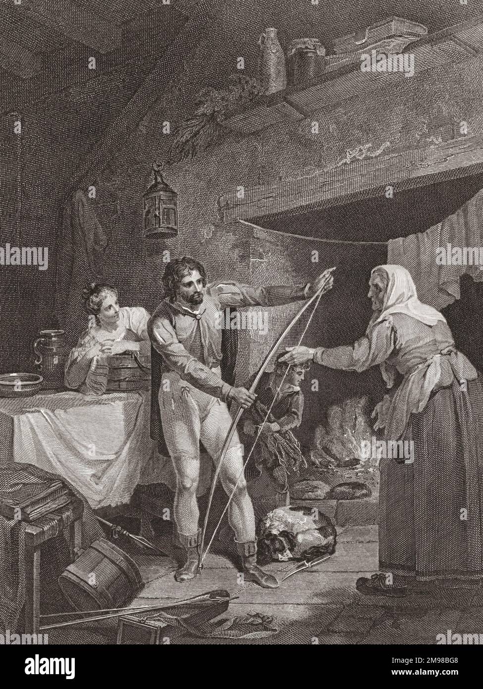 Alfred is scolded for letting the cakes burn in the house of the cowherd.  Alfred the Great, King of the West Saxons circa 848 - 899.   After a print originally featured in Robert Bowyer's Historic Gallery, published between 1793 and 1806. Stock Photo