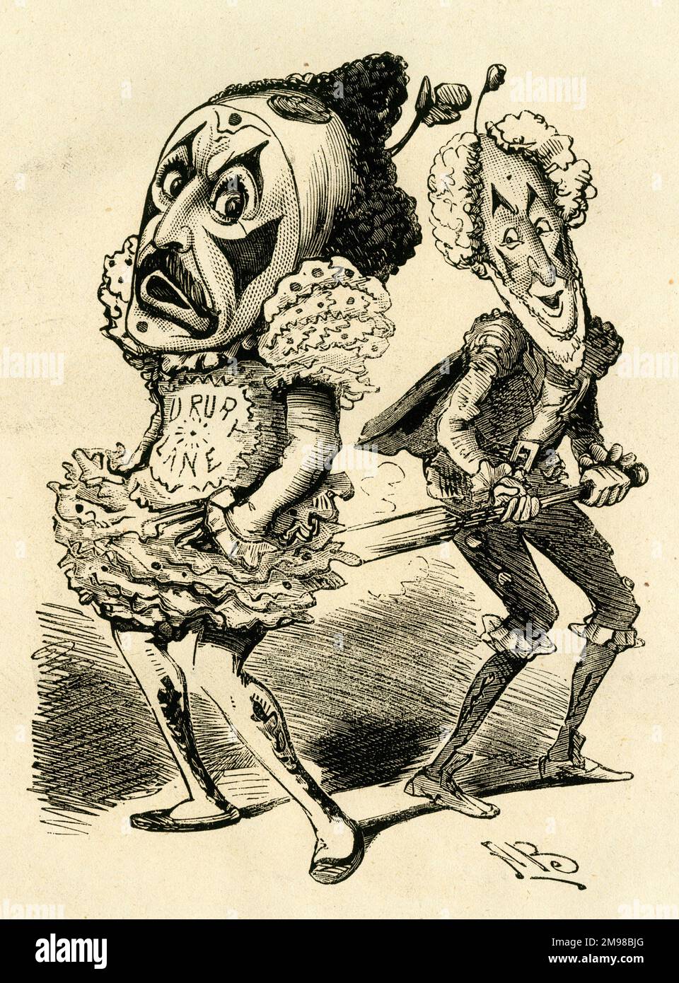 Cartoon, Freddy Leader (right) thinks he will touch up Gussy Harris (left) this Christmas -- a reference to the Drury Lane pantomime season. Frederick C Leader was lessee and manager of Her Majesty's Theatre, London. Augustus Harris (1852-1896) was a British actor, dramatist and impresario. Stock Photo