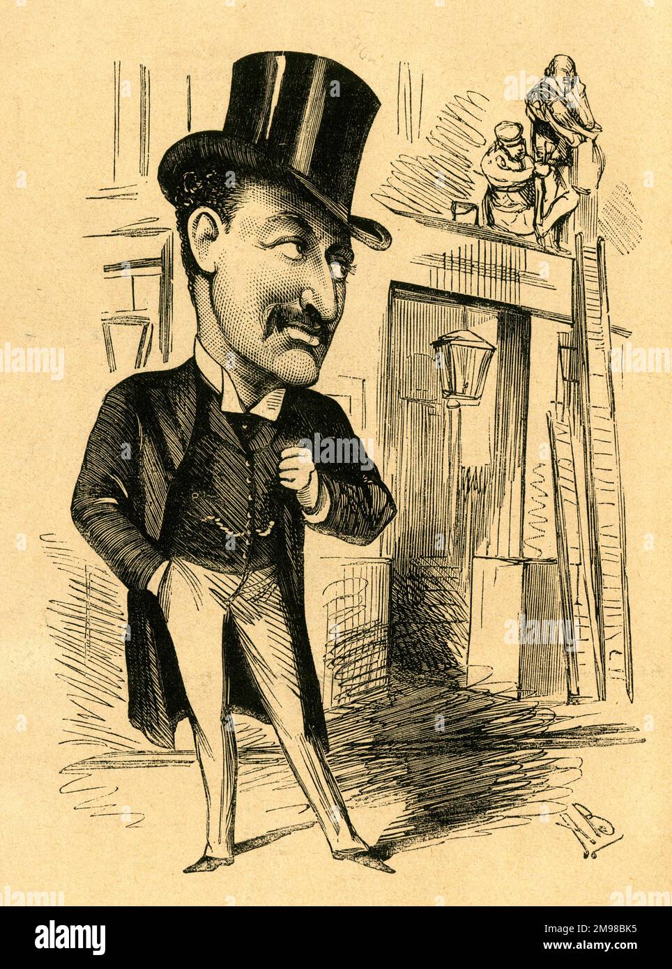 Cartoon, Augustus Harris (1852-1896), British actor, dramatist and impresario. Why should that figure of Shakespeare be kept on the facade? Augustus Harris would look quite as well! Stock Photo