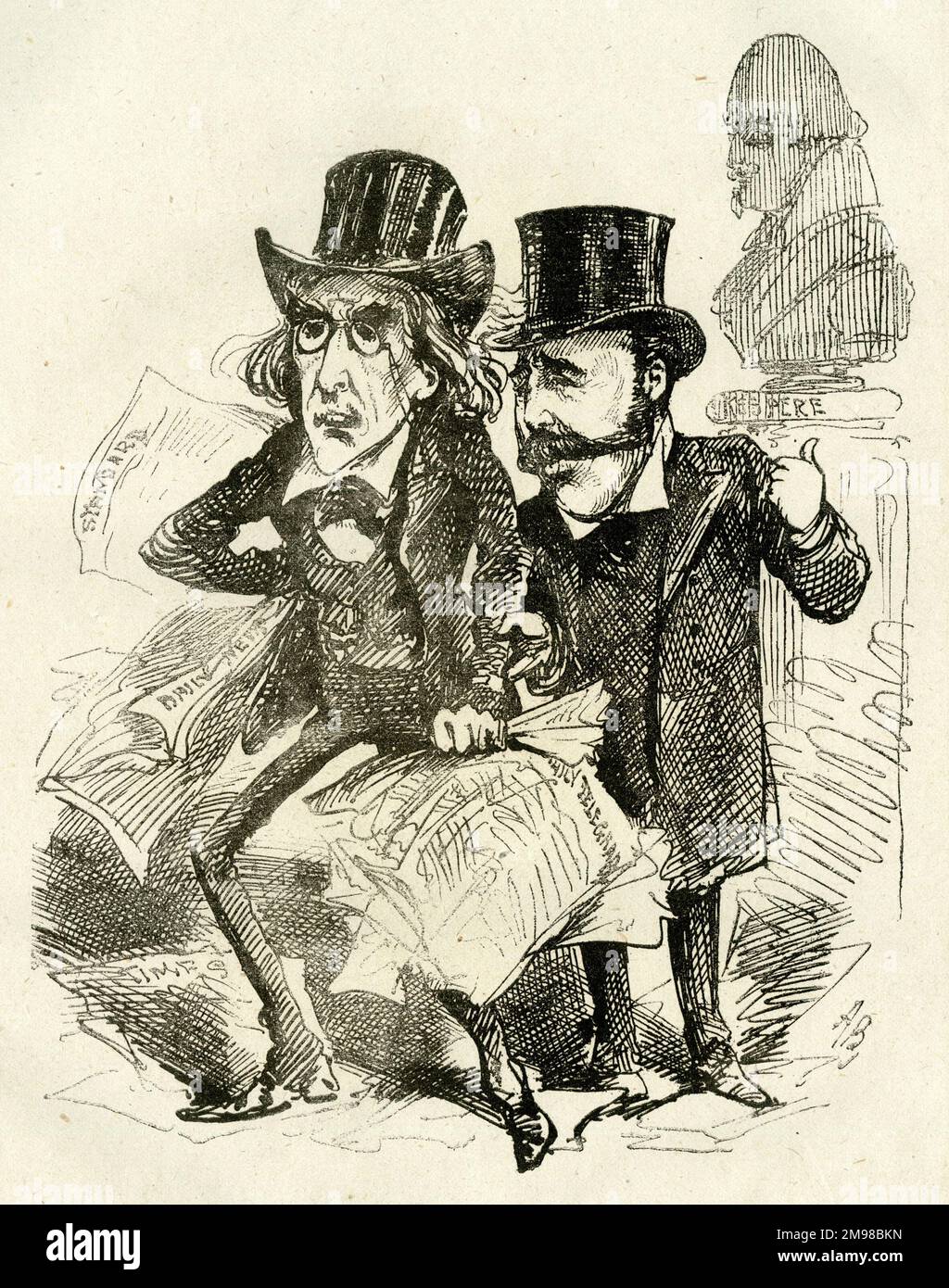 Cartoon, Henry Irving (1838-1905), legendary actor-manager, and Frederick Balsir Chatterton (1834-1886), theatre manager, with a bust of Shakespeare in the background -- Shakespearian Experimenters.  Chatterton says: Don't spend too much time and money on that ungrateful old man.  Look how he served me! Stock Photo