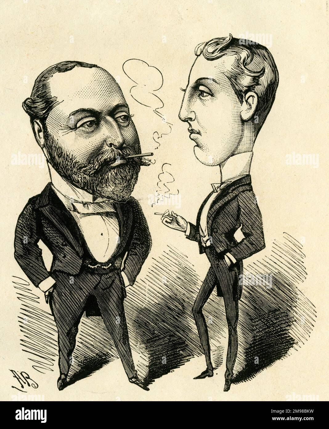 Cartoon of the future King Edward VII (1840-1910), pictured with his eldest son Albert Victor, Duke of Clarence and Avondale (1864-1892), otherwise known as Eddie, in conversation at Marlborough House, London.  The latter says: I think, Sir, I may now be permitted to visit the Theatre without a Parent's escort. Stock Photo