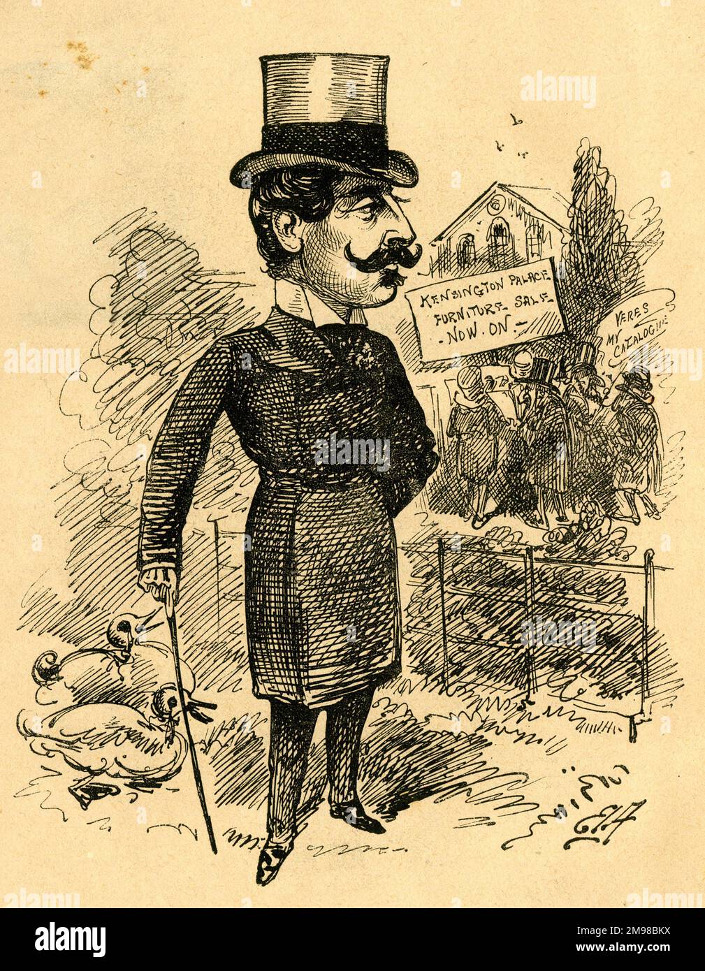 Cartoon, Francis, Duke of Teck (1837-1900) -- knocked down!  He was the father of May (Mary), who later married the future George V. He and his wife had free accommodation in Kensington Palace (pictured here), but by this time they were seriously in debt, and had to leave for continental Europe. Stock Photo