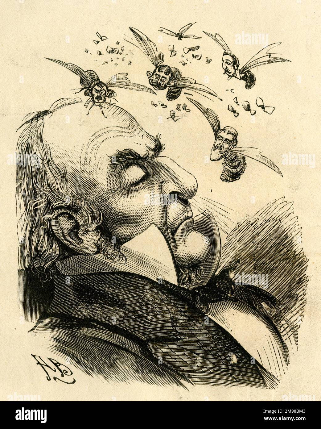 Cartoon, William Gladstone asleep, with insect MPs hovering over his face -- How the Grand Old Man manages to take forty winks with a lot of pestiferous flies buzzing about him is a wonder! Stock Photo