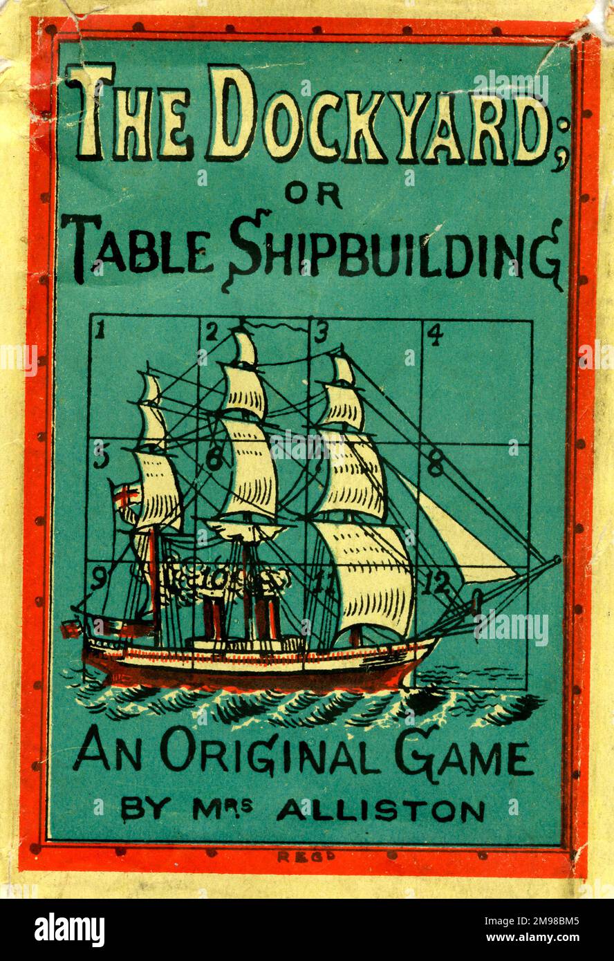 Board game box lid, The Dockyard, or Table Shipbuilding, by Mrs Alliston. Stock Photo