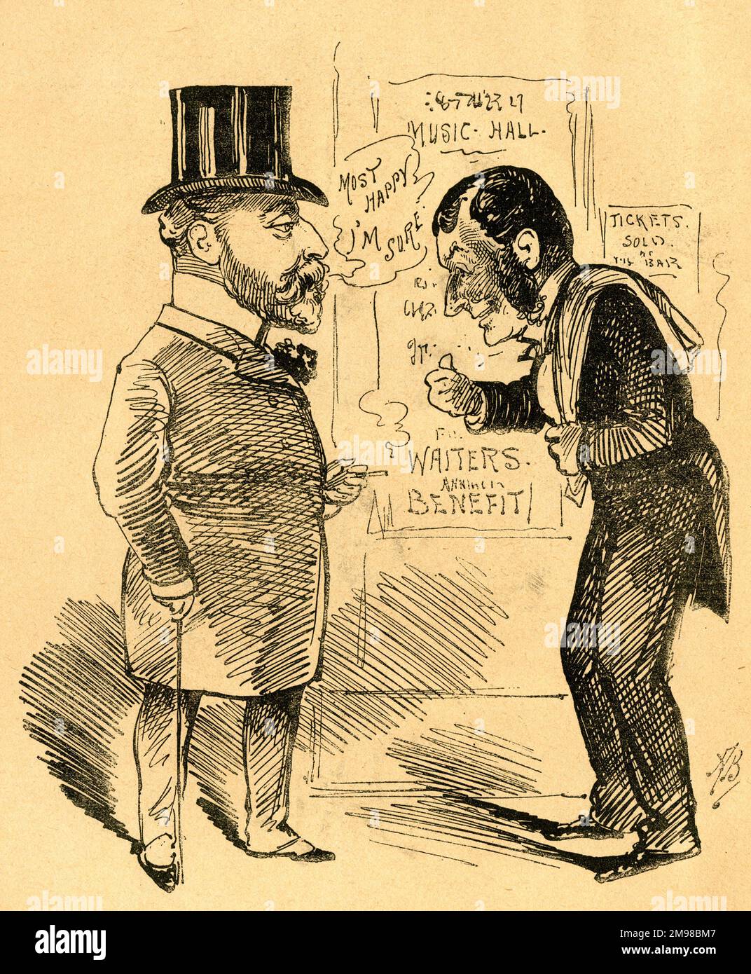 Cartoon, Our Genial Prince -- what it may come to!  Edward, Prince of Wales outside a music hall.  The head waiter says: Our benefit comes off next week, Sir, and as we give half the profits to the Royal College of Music, we hope you will give us the benefit of your Presence and Patronage! Stock Photo