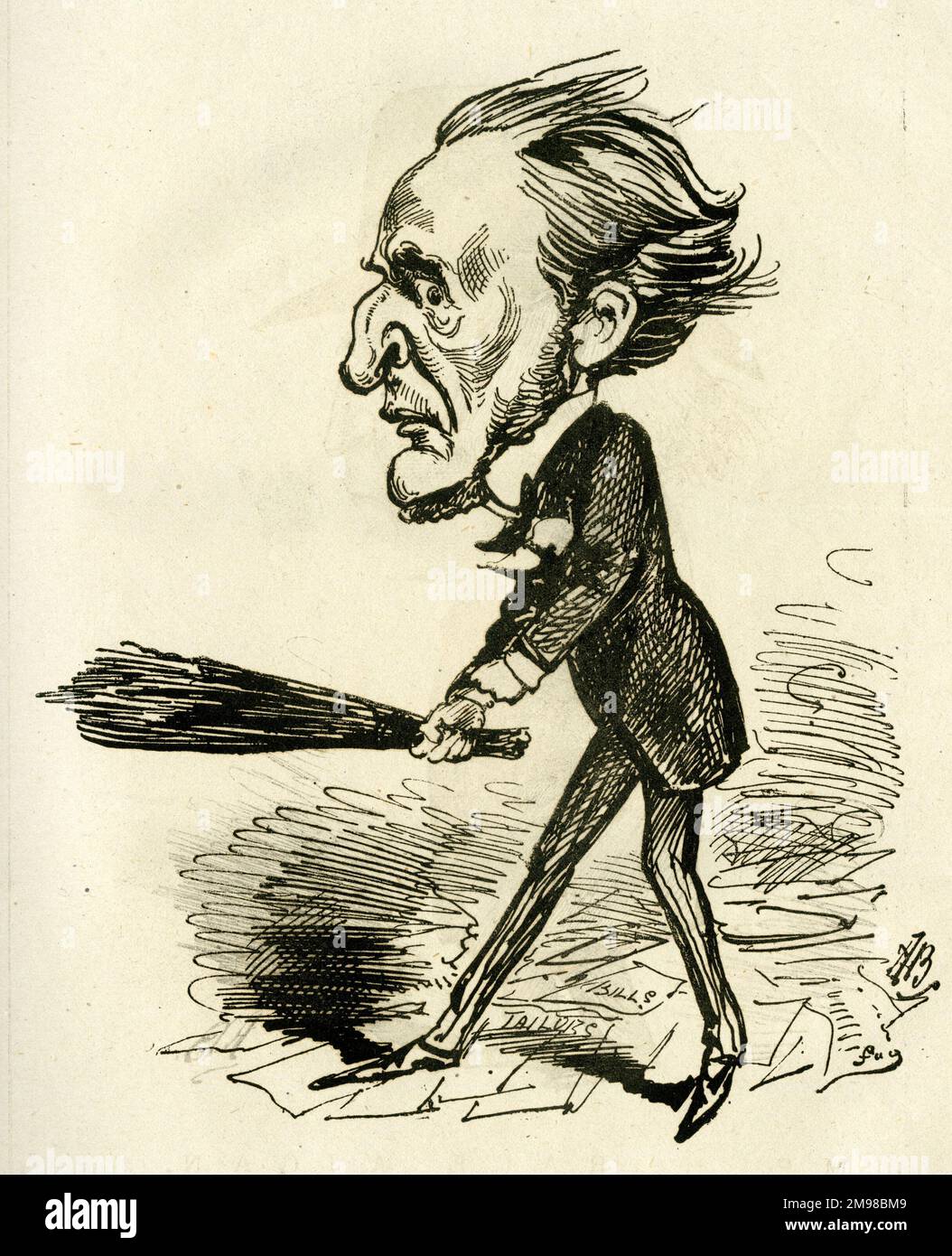 Cartoon, Hugh McCalmont Cairns, 1st Earl Cairns (1819-1885) -- Keep away from him, Garmoyle, while he is like this!  He appears to be annoyed about a few bills which his son, Arthur William Cairns, Lord Garmoyle, has been running up. Stock Photo