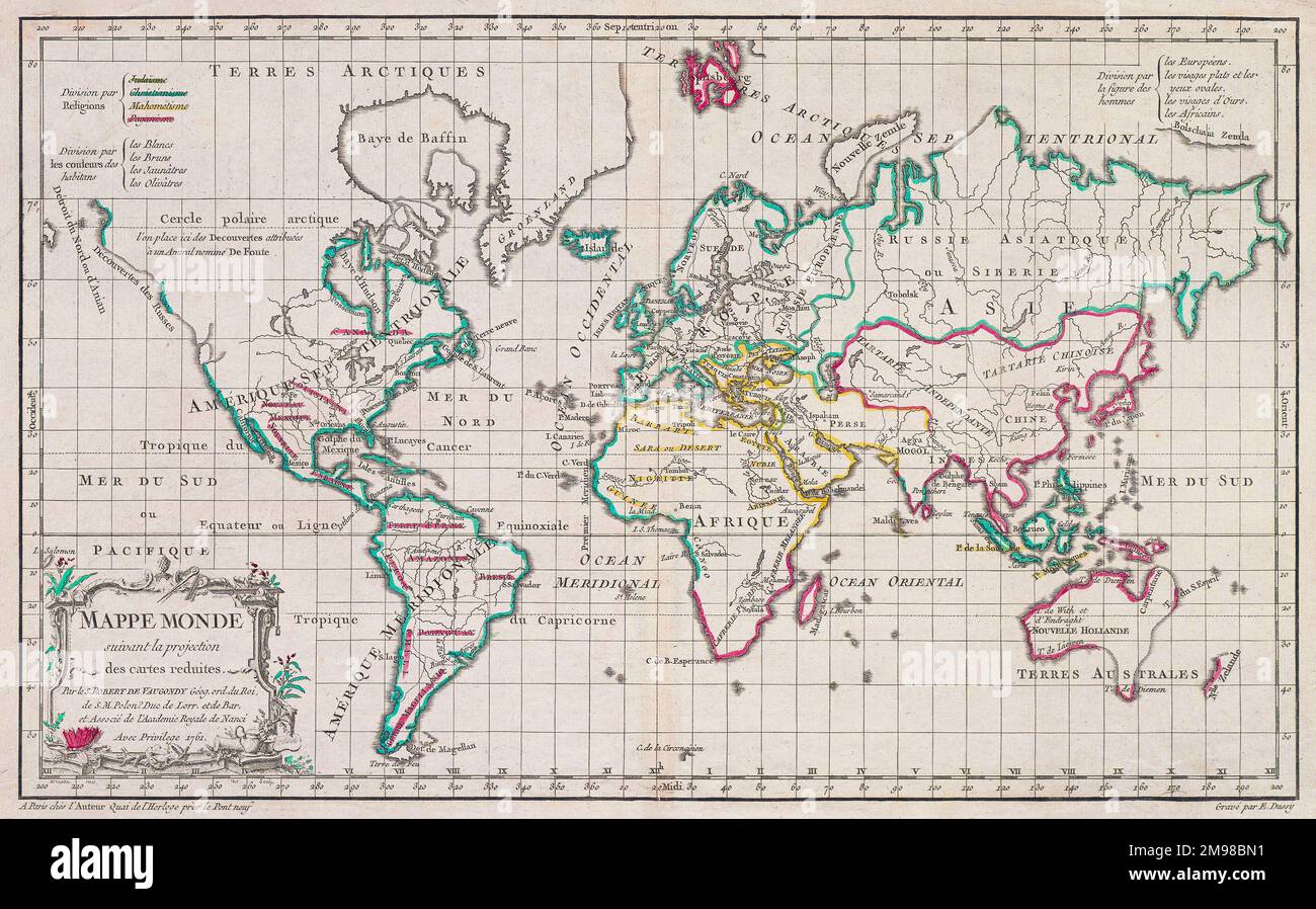 Map of the World.  Religions are indicated by colour.   After a work dated 1761 of French cartographer Gilles Robert de Vaugondy. Stock Photo