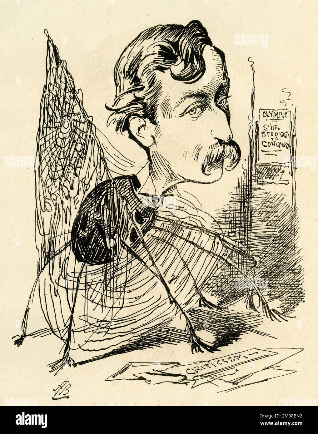 Cartoon, Mr Pettitt takes the Spider's Web to a better Pitch. A satirical comment on Henry Alfred Pettitt (1848-1893), British actor and dramatist, with a reference to the title of one of his plays, in production at the Olympic Theatre. Stock Photo